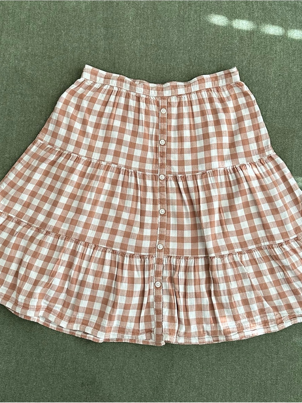 Old Navy Girls Large 10-12 Skirt Tan Gingham Check Tiered Midi Boho Lined Cotton